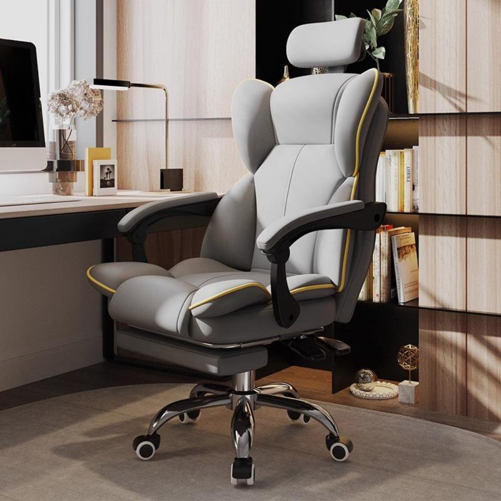 1 801 – PU Gray Ergonomic Executive Office Chair with Headrest & Footrest | Reclining Swivel Boss Chair - Image 1
