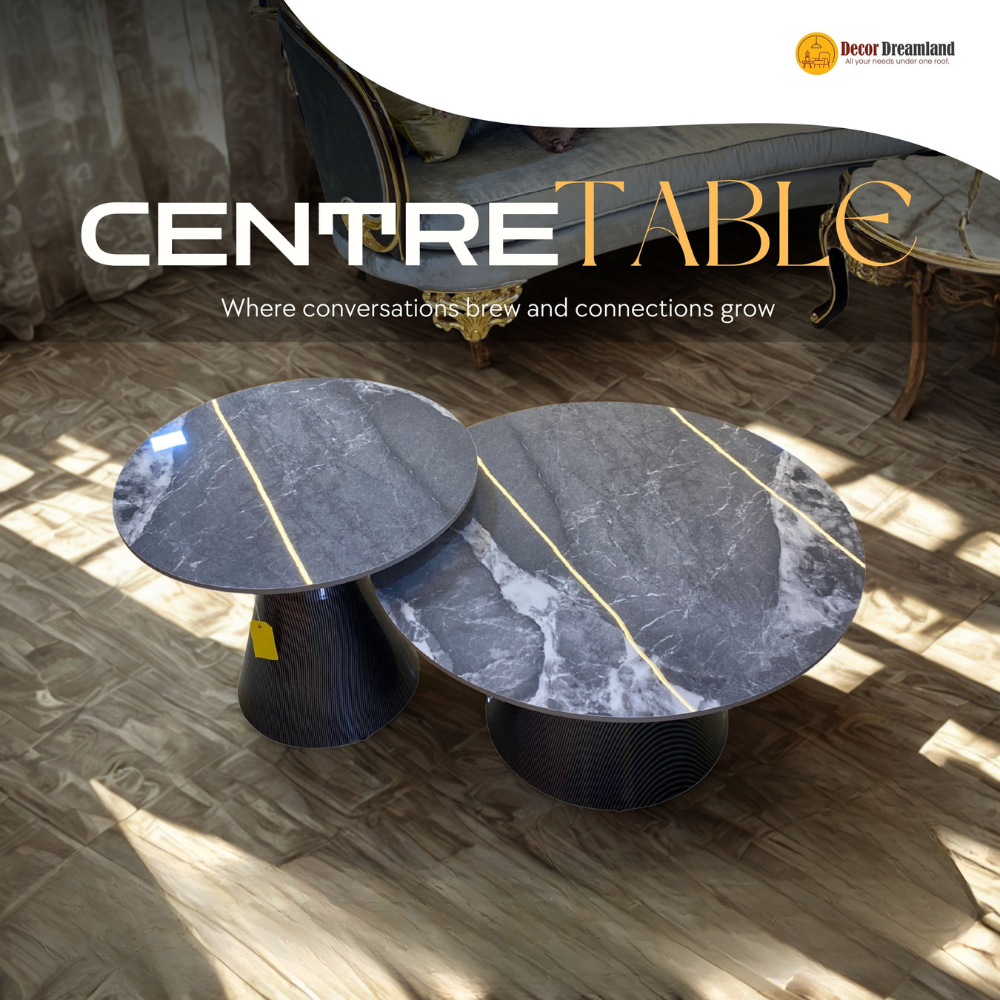 1 V08 – Modern Pair Round Coffee Table Set – Marble-Finish Rock Slab Tops with Iron Base for Living Room - Image 1