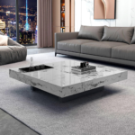 836 – Unique Design Natural Onyx Marble Coffee Table – Modern Luxury Square Center Table with Iron Base for Living Room