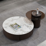 Y07 – Modern Pair Round Coffee Table Set – Glass & Marble-Effect Rock Slab Tops with Iron Base for Living Room - Image 2