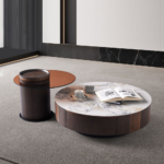 Y07 – Modern Pair Round Coffee Table Set – Glass & Marble-Effect Rock Slab Tops with Iron Base for Living Room - Image 3