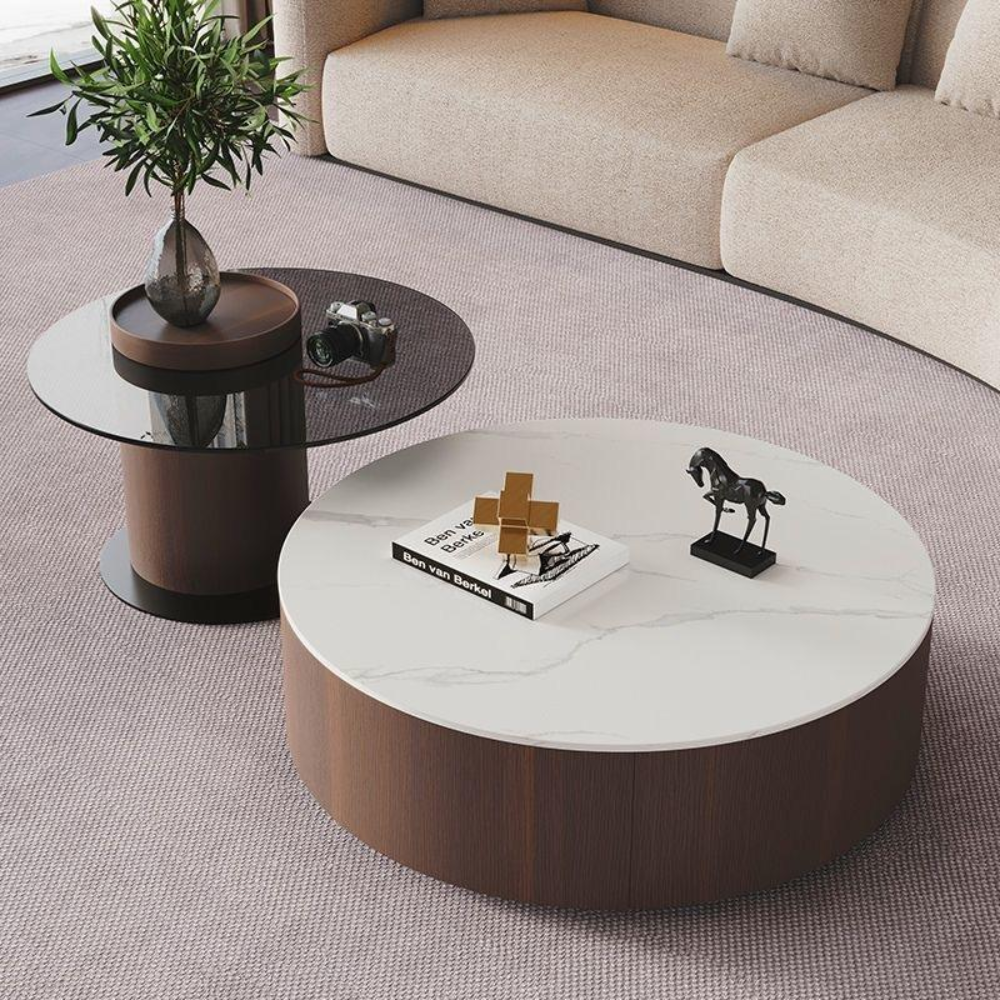 43 Y07 – Modern Pair Round Coffee Table Set – Glass & Marble-Effect Rock Slab Tops with Iron Base for Living Room - Image 1