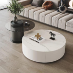 Y07 – Modern Pair Round Coffee Table Set – Glass & Marble-Effect Rock Slab Tops with Iron Base for Living Room - Image 7