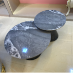 V08 – Modern Pair Round Coffee Table Set – Marble-Finish Rock Slab Tops with Iron Base for Living Room - Image 3