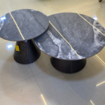 V08 – Modern Pair Round Coffee Table Set – Marble-Finish Rock Slab Tops with Iron Base for Living Room - Image 2