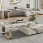 835 – Modern Champagne Rectangular Coffee Table Set – Rock Slab Top with Luxury Iron Base for Living Room