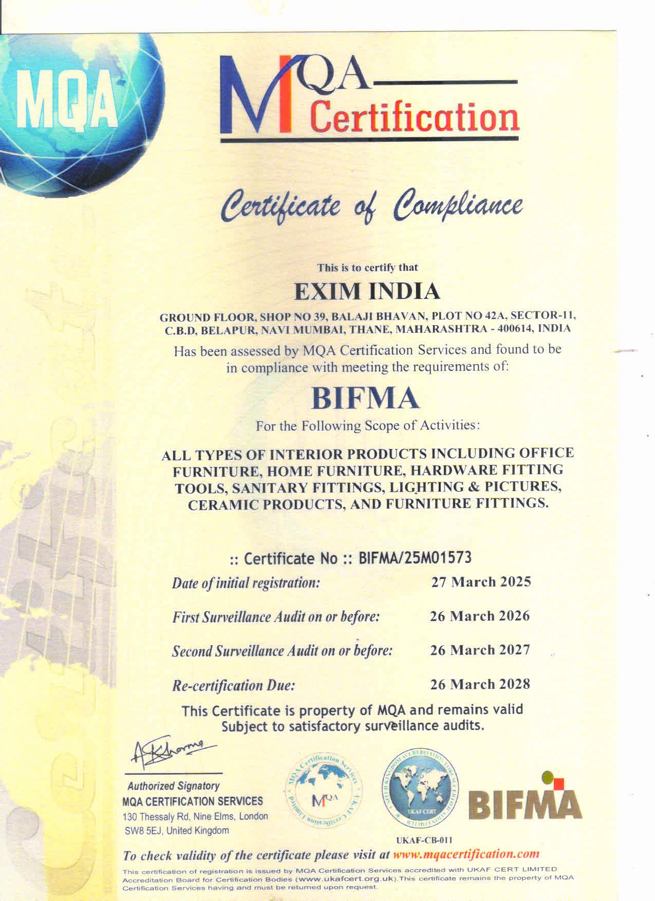 EXIM INDIA BIFMA CERTIFICATE
