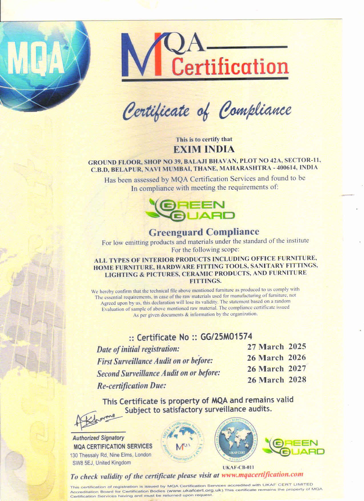EXIM INDIA GREEN GUARD CERTIFICATE