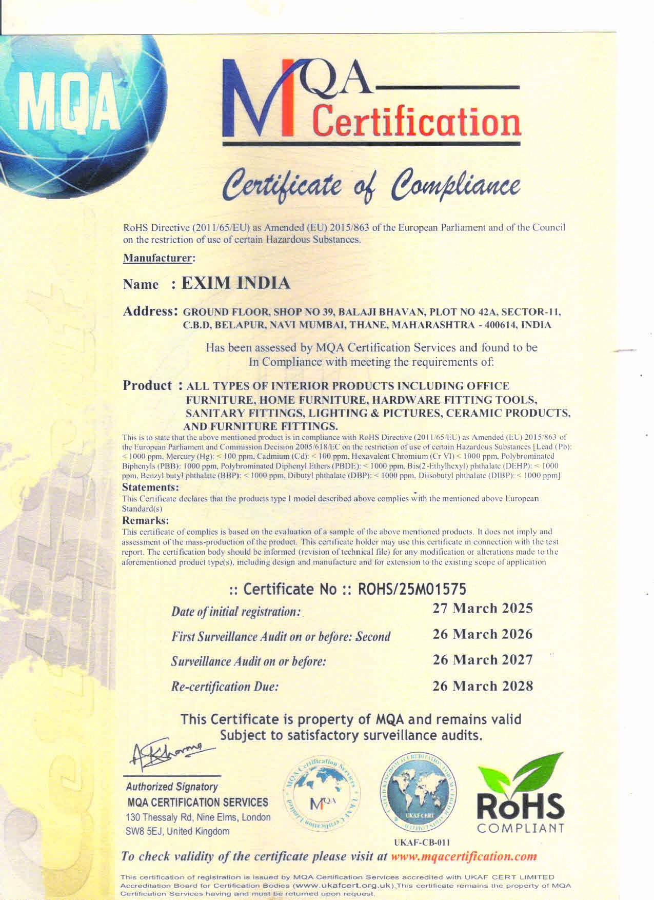 EXIM INDIA MQA CERTIFICATE