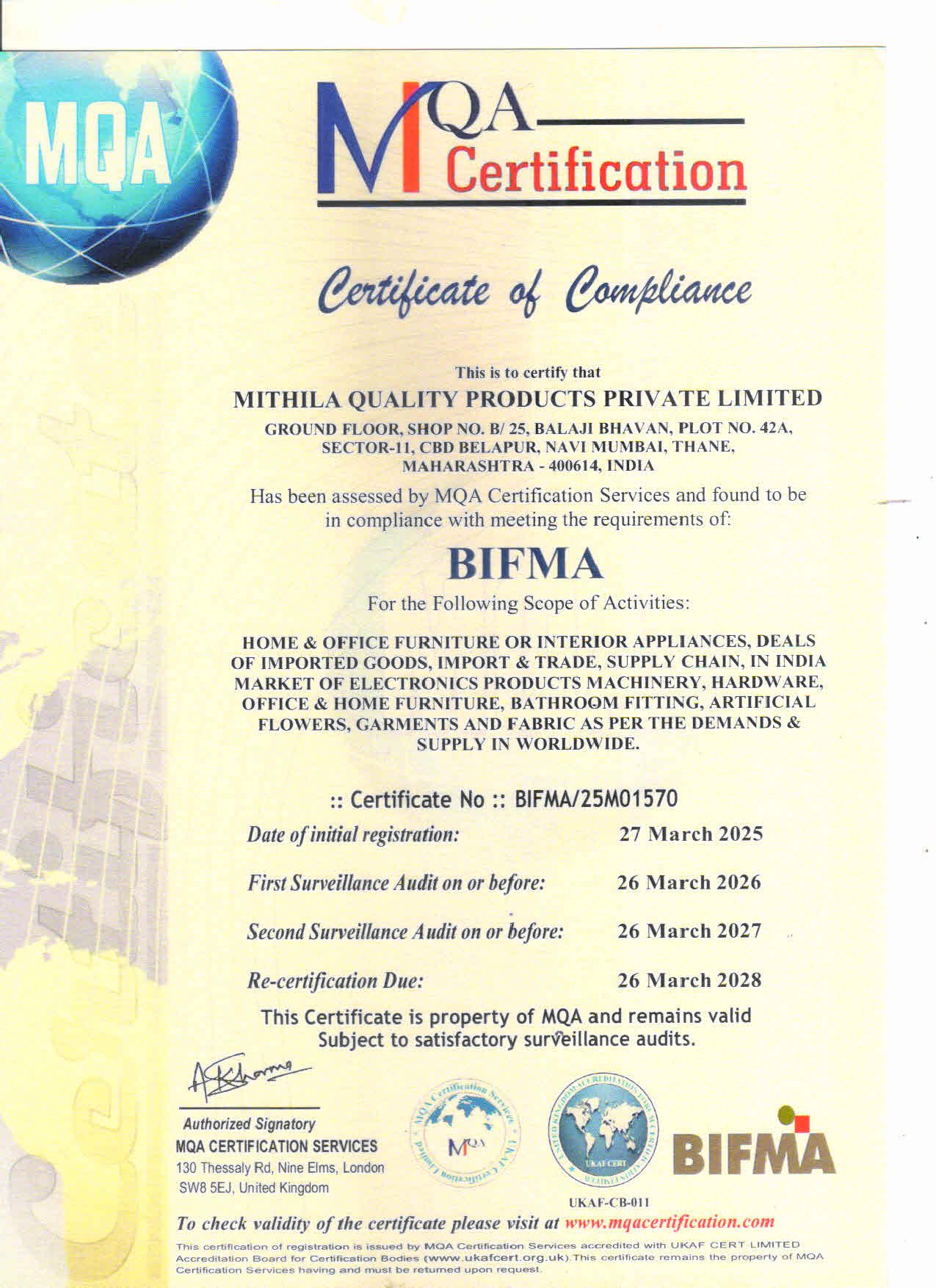 MITHILA BIFMA CERTIFICATE