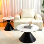 V01 – Modern Italian Design Dual Round Coffee Table Set – Rock Slab Top with Black Iron Base for Living Room - Image 7