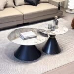 V01 – Modern Italian Design Dual Round Coffee Table Set – Rock Slab Top with Black Iron Base for Living Room - Image 8