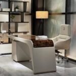 Modern Luxury Office Desk – Handmade Natural Wood Veneer Parquet (7# Color) with Microfiber, Embroidery & Premium Hardware Frame