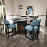 DT 11  -Blue Jade Luxury Stone Dining Table – Natural Veneer Base + Microfiber Accents + Premium Hardware Finish