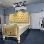 908 Luxury Bed Group – Warm Grey Frame + Imported Gold Oil Finish + Premium Template Fabric (Template Bed Tail) - Image 3
