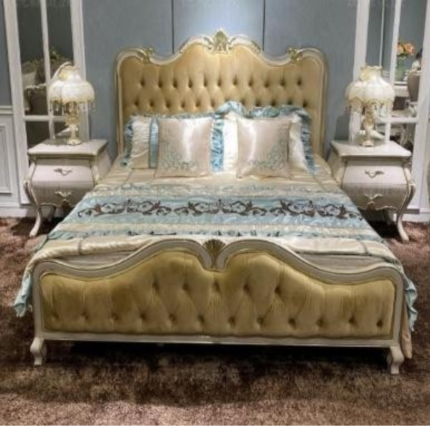 908 Luxury Bed Group – Warm Grey Frame + Imported Gold Oil Finish + Premium Template Fabric (Template Bed Tail)